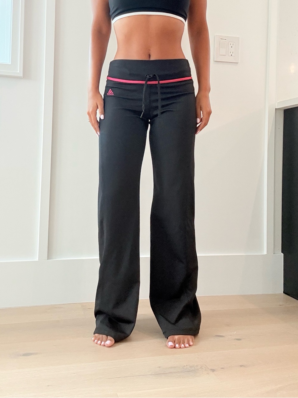 adidas Black Wide-Leg Sweatpants with Pink Trim